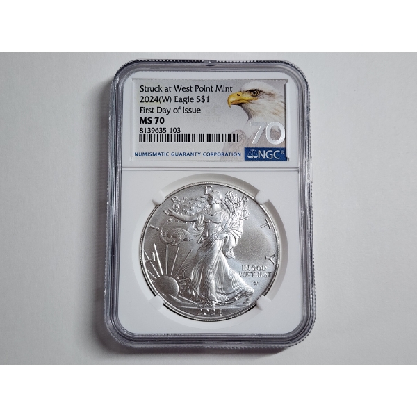 2024-W American Silver Eagle First Day of Issue Graded by NGC MS 70 West Point Mint