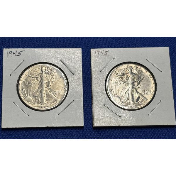 Two 1945 90% Silver Walking Liberty Half Dollars