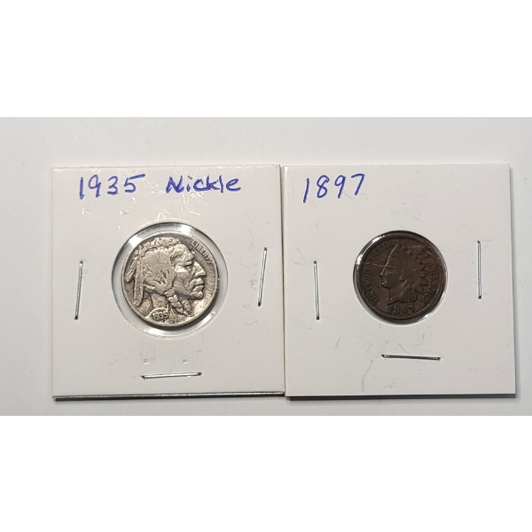 1935 U.S Buffalo Nickel & 1897 U.S Indian Head Cent - Face Value: $0.06