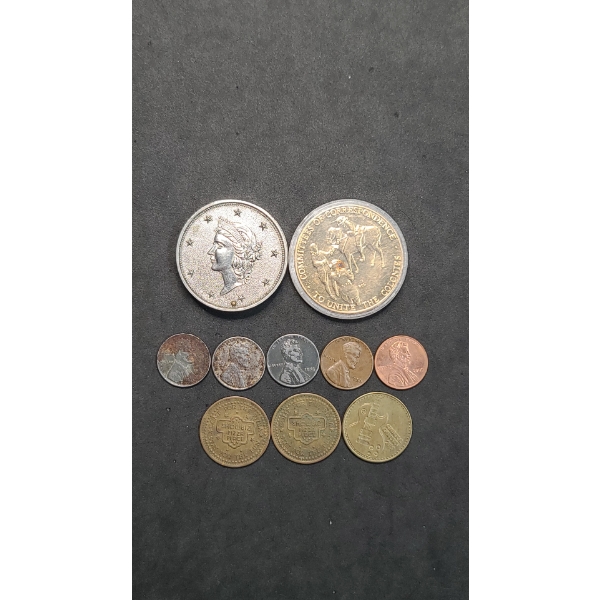Assorted Coins Including Steel Pennies, Lighter, Tokens & More