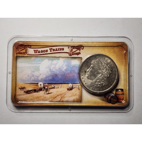 1921 United Stated Morgan 90% Silver Dollar with Wagon Trains Information Display