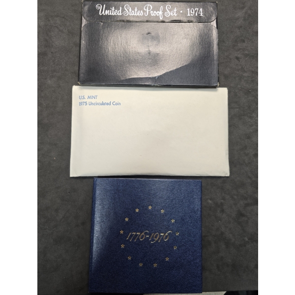 (3) United States Proof Sets - 1974, 1975 & a Silver Bicentennial Set