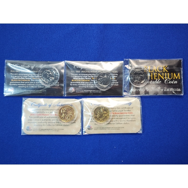 (3) Black Ruthenium Buffalo Nickels & (2) 24K Gold-Plated Bicentennial Quarters