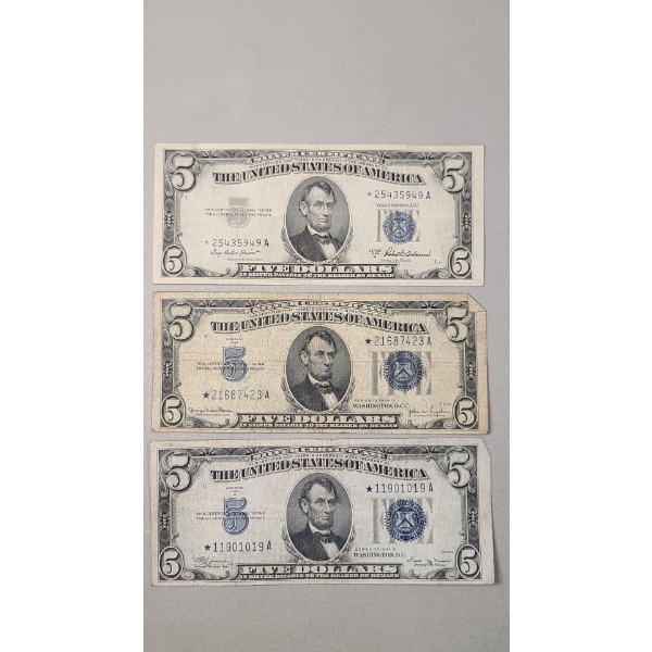 (3) United States Series 1934 B, 1934 C & 1953 A $5 Silver STAR Certificates - Face Value: $15.00