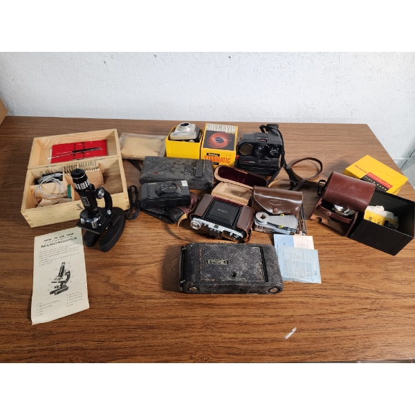 Lot of Vintage Cameras, Cases, and Vintage Lafayette Microscope - Like New! 