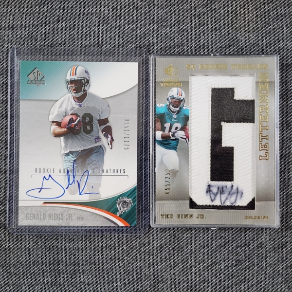 Two Upper Deck AUTOGRAPHED Miami Dolphins NUMBERED Rookie Football Trading Cards Ft. Patch Letterman