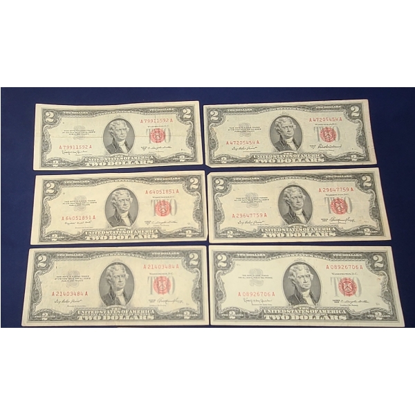 Lot of Six Nice Two Dollar Red Seal Notes - (1) 1963 & (5) 1953