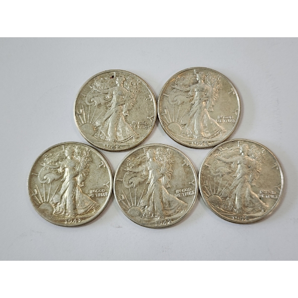 Five Assorted Years 90% Silver Walking Liberty Half Dollars - FV: $2.50