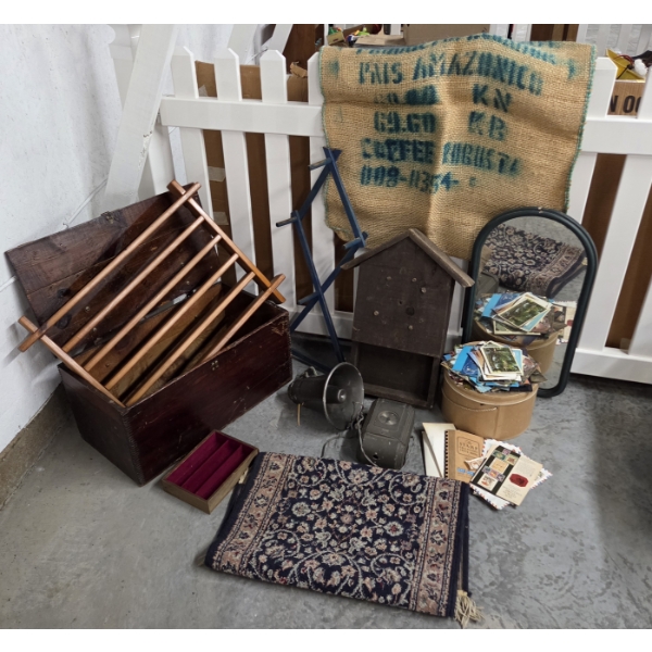 Large Collection Of Vintage Items Including Stamps, Burlap Sack, 12''x12''x25'' Wood Trunk, Postcard