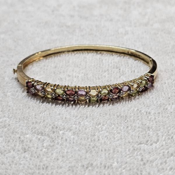 INCREDIBLE!!! 925 Sterling Silver Gold-Tone Multi Gemstone Double Row Hinged Bangle - 3" (17.8g)