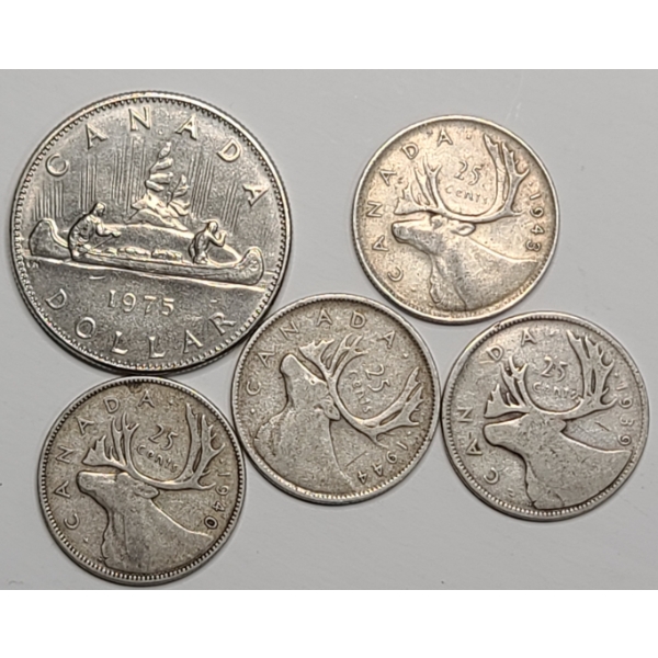 Assorted Canadian 80% Silver Coins & 1975 Canadian "Voyageur" Dollar (Non-Silver) 