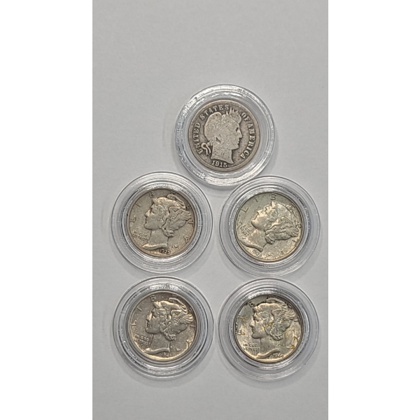 Assorted U.S 90% Silver Dimes - 1915 Barber, 1925, 1939, 1941, 1944 Mercury Dimes - Face Value: 0.50