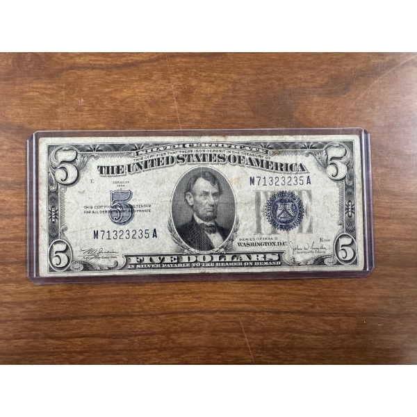 1934-C United States Lincoln $5.00 Blue Seal Silver Certificate - Mint Condition - Incredible Bill