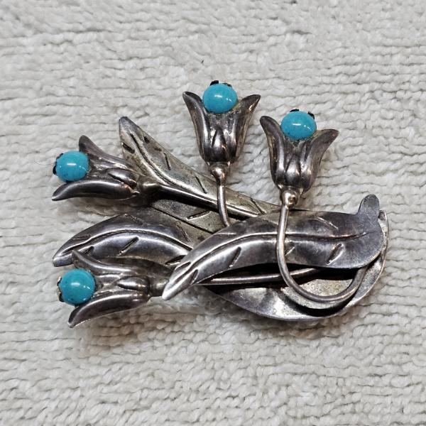 EXQUISITE!!! Vintage Taxco Mexico 925 Sterling Silver Turquoise Tulip Floral Brooch 2.25" (11.9g)