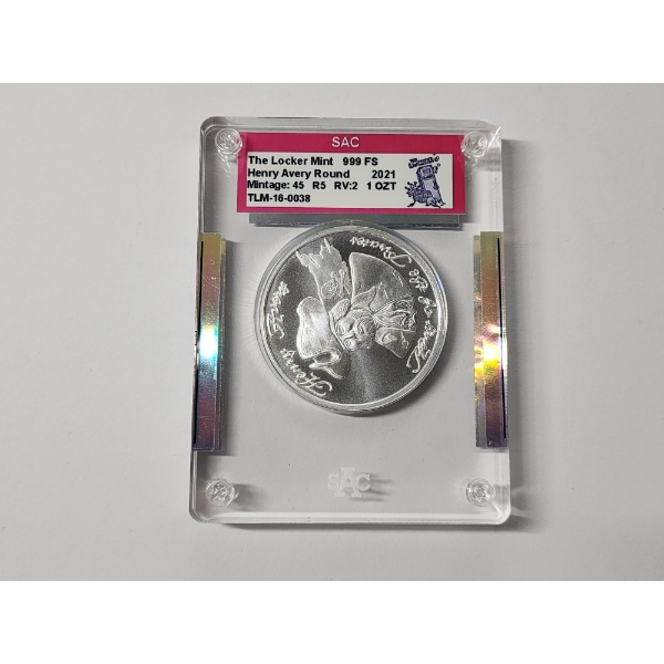Rare! (Mintage: 45) The Locker Mint 1oz 999 Fine Silver Henry Avery Round in Display Slab