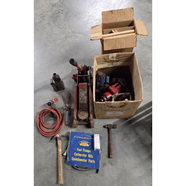 Vintage Floor Jack, Bottle Jacks, Hose With Gauge And More