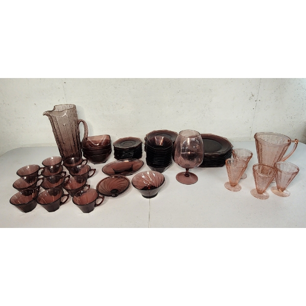 Huge Lot of Vintage Hazel Atlas Moroccan Amethyst & Jeanette Pink Depression Glass Set