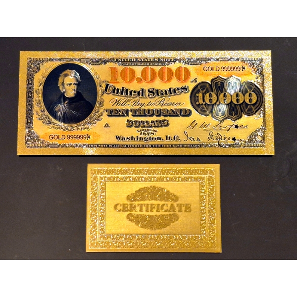 Pure 24k .999 Gold Foil United States 1878 "$10,000" Large Note Processed in Pure GOLD w COA