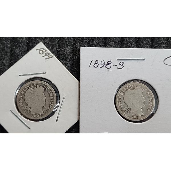 1898-S & 1899 Barber 90% Silver Dimes
