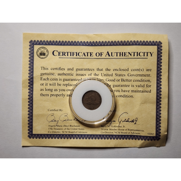 1857 Flying Eagle One Cent United States Penny in Protective Capsule WIth Certificate!