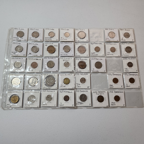 Two Binder Pages Filled with Assorted World Coins: Cuba, Argentina, Australia, India, & More!