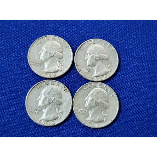 x4 Assorted Years U.S. 90% Silver Washington Quarters FV: $1.00