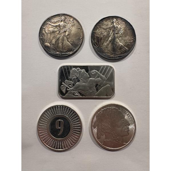 5 - .999 Fine Silver Ounces - One Troy Ounce Each - Incudes 2 American Eagles - Great Lot