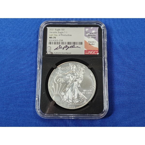 2021 NGC MS 70 American Silver Eagle - 1oz Fine Silver - Heraldic Eagle T-1 - Ryder Signed! 