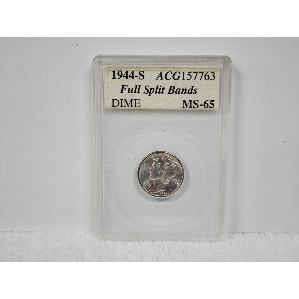 United States 1944-S Mercury Silver Dime Featuring FULL SPLIT BANDS ~ ACCUGRADE MS-65