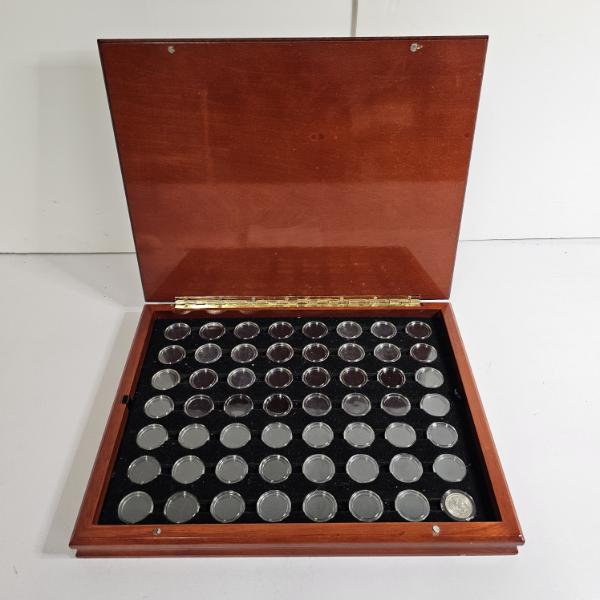 NO COINS - 56 Coin Wooden Presentation Box - Contains Protective Coin Casings - NO COINS