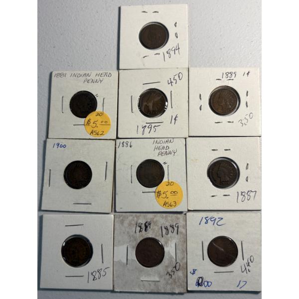 Lot of 10 Assorted Years U.S. Indian Head Cents