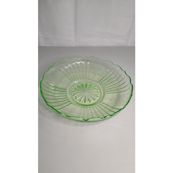 1930's Anchor Hocking Mayfair/Open Rose Green Uranium Glass Depression Glass Low Bowl