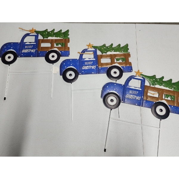 3 Outdoor Metal Christmas/Holiday Blue Truck and Tree Stakes - Approx. 16in Tall