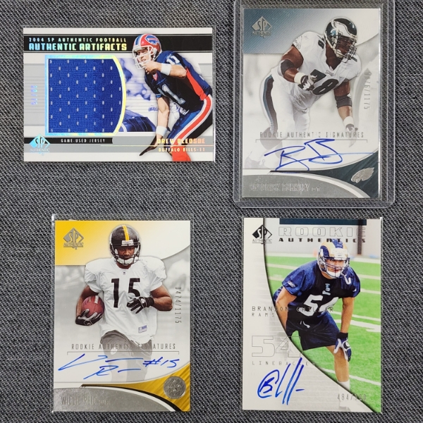 Four Assorted Numbered & Autographed Football Trading Cards Including Game Used Jersey Patch Card!