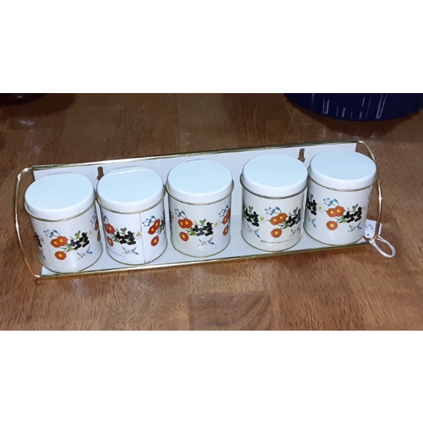 Vintage 5 Pc Tin Spice Set With Rack - See Pics