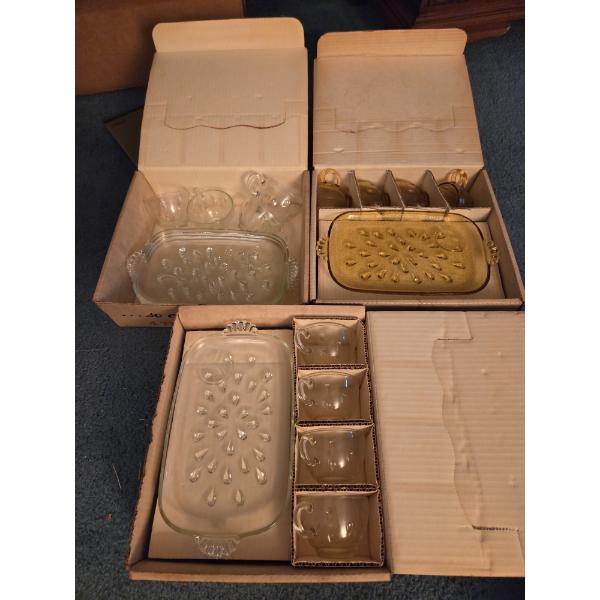 PICKUP IN CANTON- Three The Hazel-Atlas Informal Snack Sets, Featuring Pressed Glass Design Rectangl