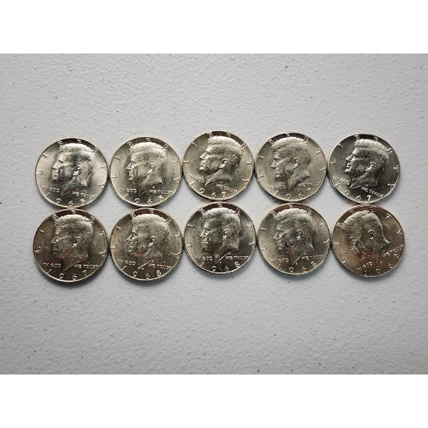 x10 Assorted Years 40% Silver Kennedy Half Dollars FV: $5.00