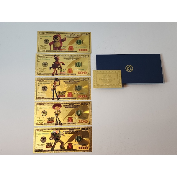x5 Assorted Toy Story $100 99999999 24K Gold Foil Banknotes Set w/ CoA