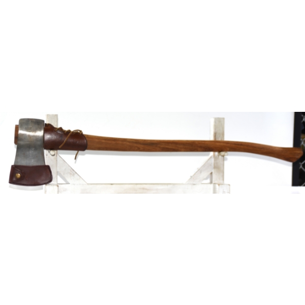 36" Wooden - Handled Hatchet Or Axe Fitted With Custom Brown Leather Protective Sheath  