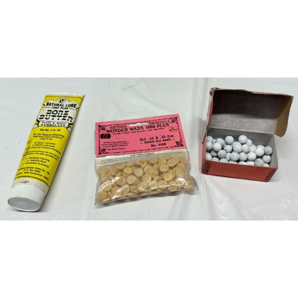 Approximately 50 .454 Lead Rd Balls, 100 Wonder Wads 44 & 45 Cal & 1 Tube TC Bore Butter
