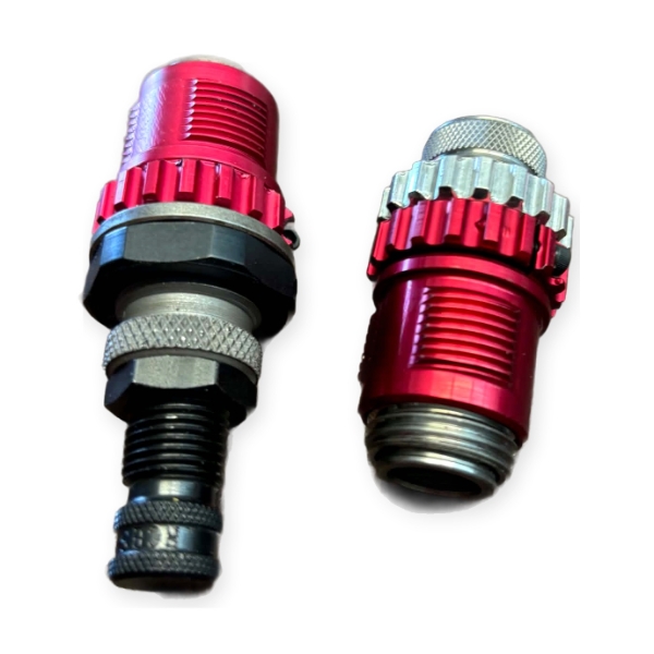 Pair of Red Anodized Reloading Dies with Toothed Lock Rings