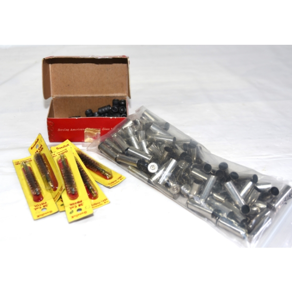 100 Pieces 38 Spec Nickle Cases, 29Pieces 38 148 gr WC Bullets, 6 Pieces 38cal Brass Brushes