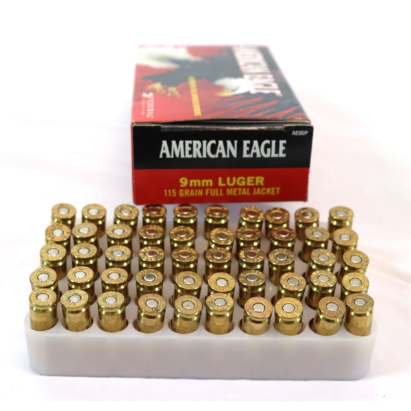 50 Rounds American Eagle 9MM Luger 115 Grain Full Metal Jacket Ammunition 