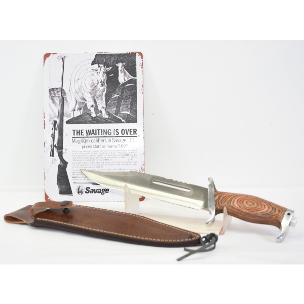 Metal Sign & Bowie Knife W/ Sheath