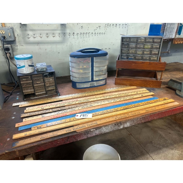 Large Assortment of Hardware/Organizers, Fasteners & Vintage Yardsticks