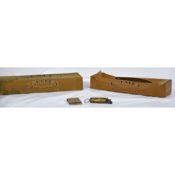 2 Empty Camel Cigarette Boxs & Matches And Antique Brass Trench Pocket Lighter 