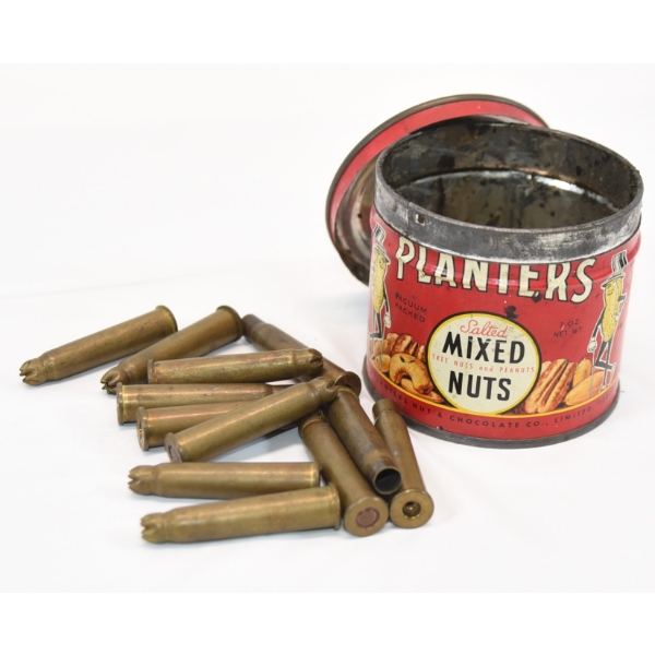 Box Lot Blank Ammunition Unprimed Brass & Vintage Planters Tin