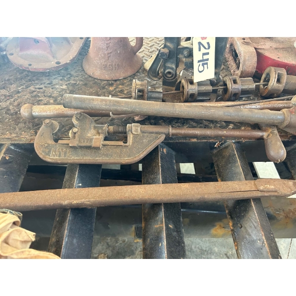 Two vintage cast iron screw jacks, suitable for tractor, implement, automotive or display use.