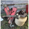 Image 1 : Farm Lot: IH Cream-Coloured Gear-Top Tank, Red Sheet Metal Panels with Brackets & Caster Dolly Frame