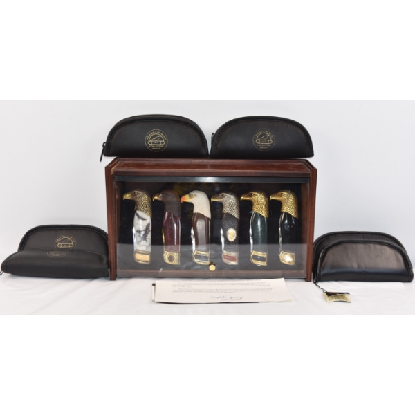 Franklin Mint Eagle Set Knives In Wooden Display & 6 Franklin Mint Collector Knives Pouches 